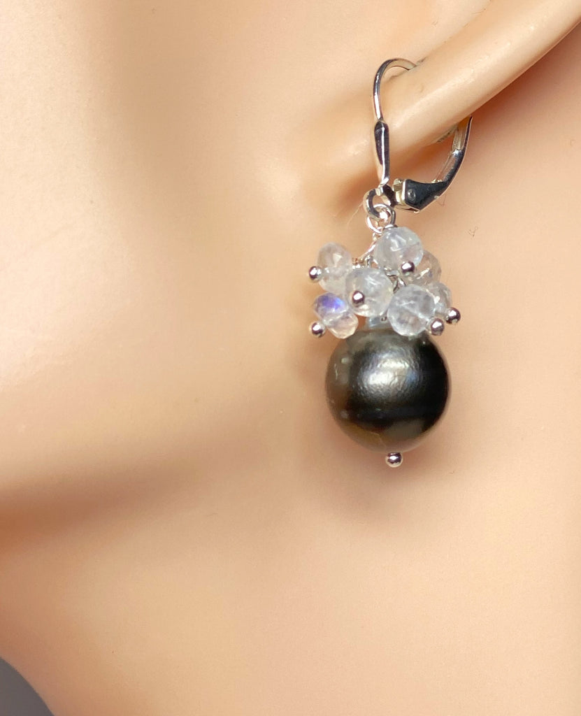 Tahitian Pearl Moonstone Cluster Earrings Sterling Silver