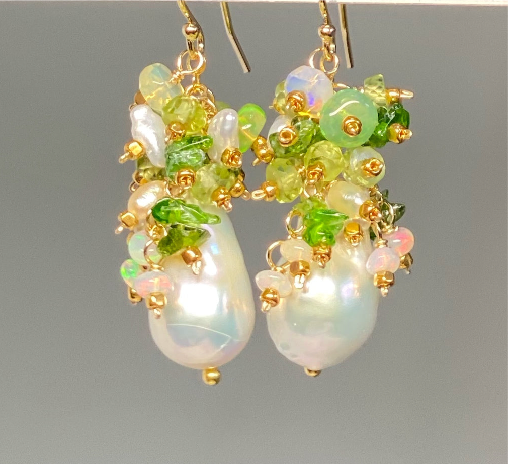 Peridot, Opal, Pearl Cluster Earrings Gold Fill 2