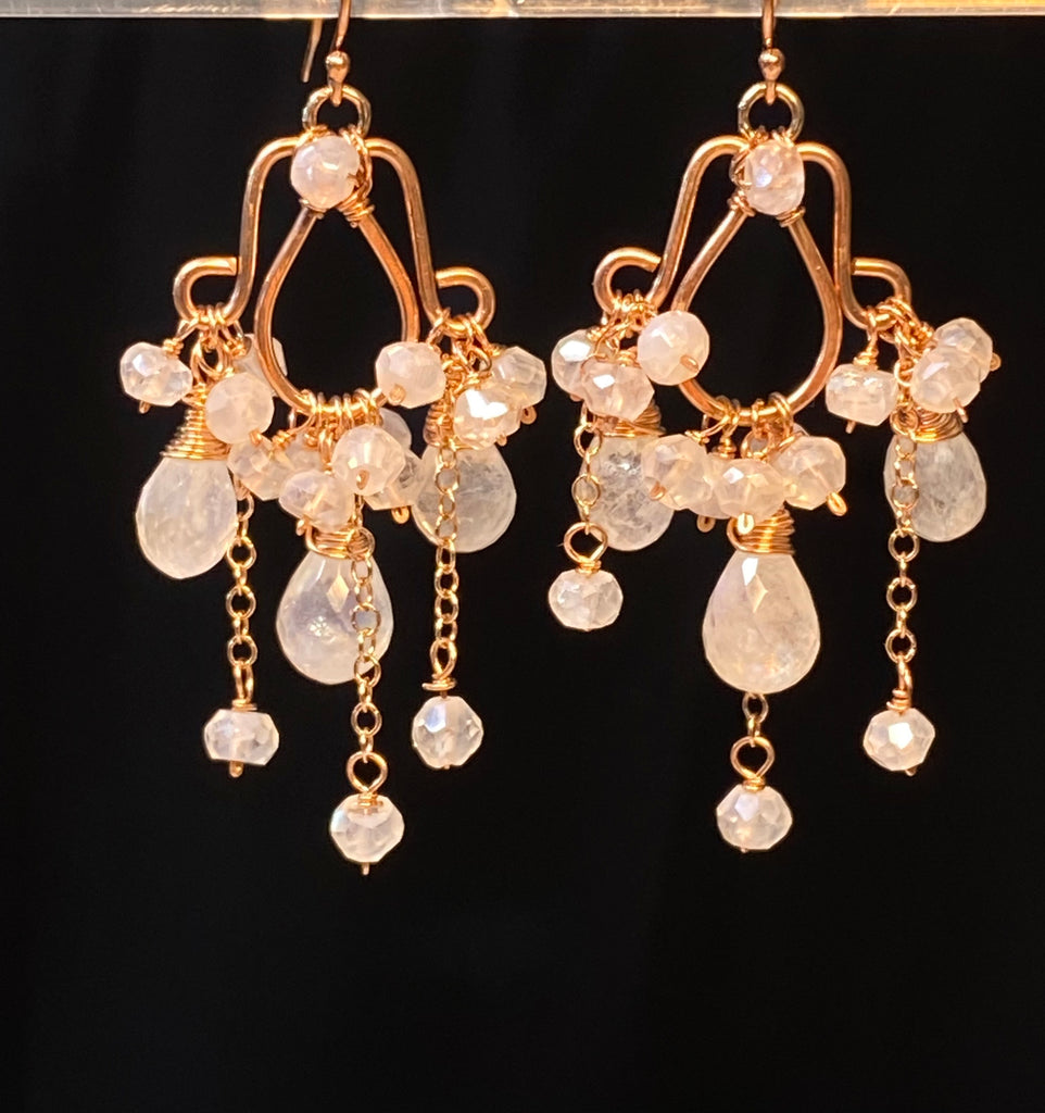 Rainbow Moonstone Rose Gold Chandelier Earrings — Boho Bridal - Doolittle