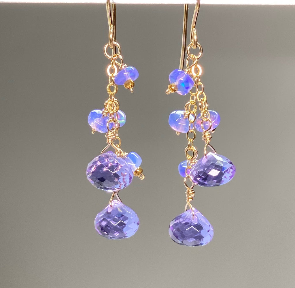 Lavender Quartz and Opal Dangle Earrings Gold Fill