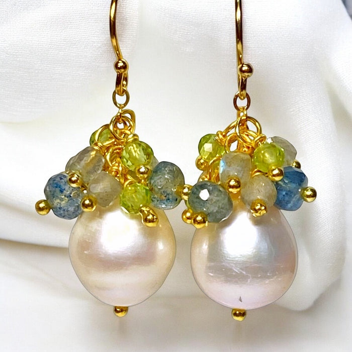 Pearl and Aquamarine, Labradorite, Peridot Cluster Earrings Gold Fill