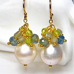 Pearl and Aquamarine, Labradorite, Peridot Cluster Earrings Gold Fill - Doolittle