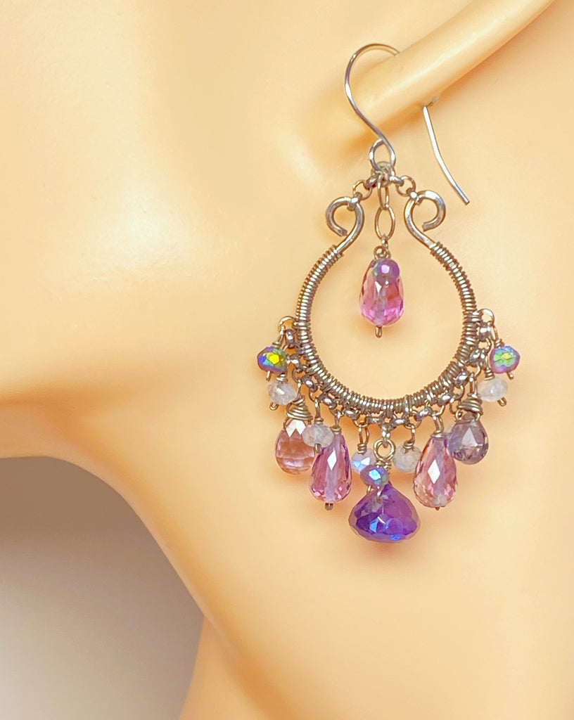 Blue Violet Oxidized Silver Hoop Chandelier Earrings Iolite, Lavender, Purple Amethyst