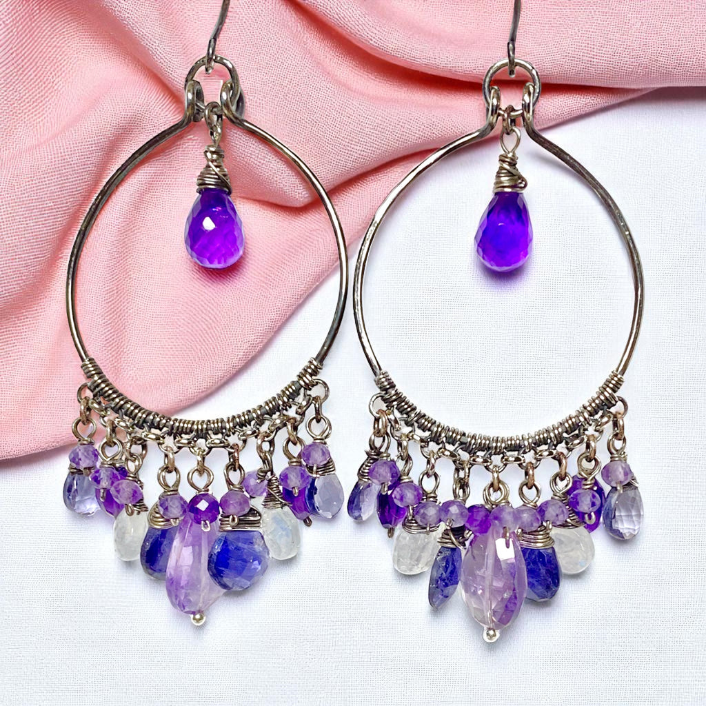 Blue Purple Gemstone Chandelier Hoop Earrings Oxidized Silver 3