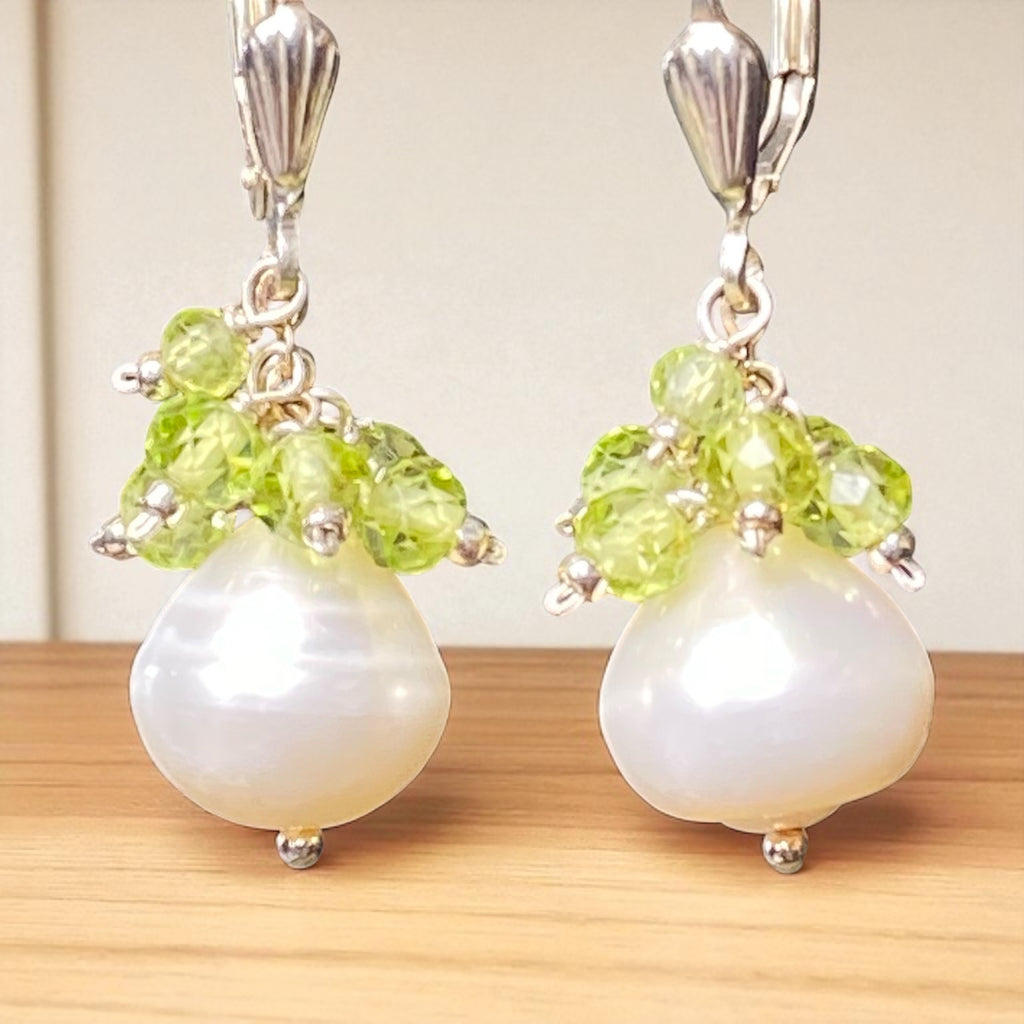 Peridot and Pearl Cluster Earrings, Sterling Silver