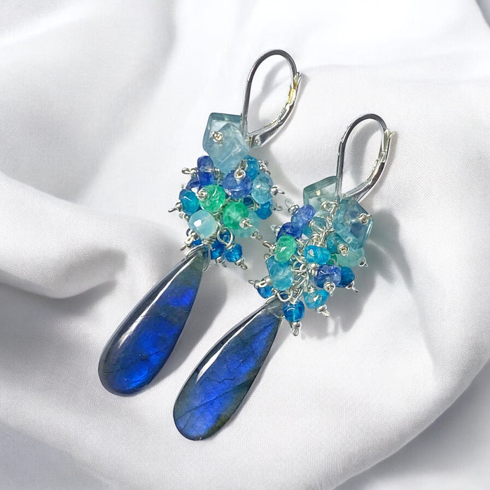 Blue Labradorite Long Gemstone Cluster Earrings in Blue, Green, Sterling Silver