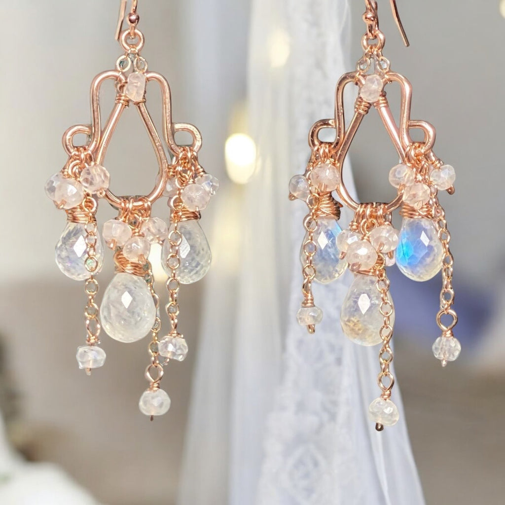 Rainbow Moonstone Rose Gold Chandelier Earrings Boho Bridal Wedding 2