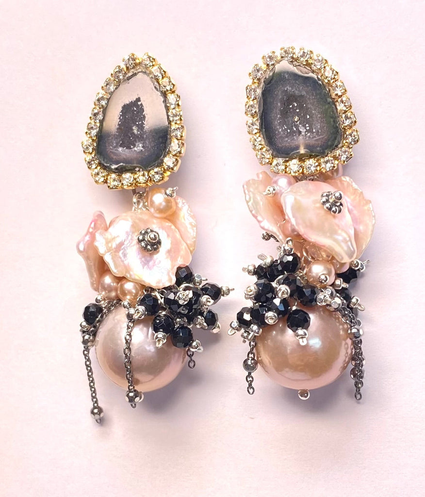 Pink Edison Pearl Cluster Earrings with Keishi and Black Geodes