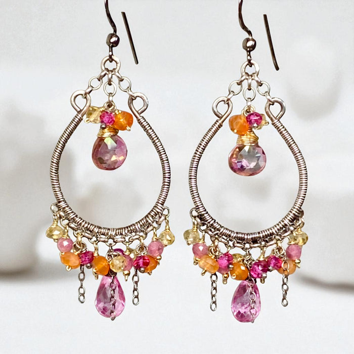 Multi-color Gemstone Hoop Chandelier Earrings in Mixed Metals