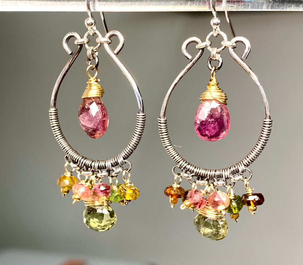 Pink and Green Tourmaline Mixed Metal Hoop Chandelier Earrings