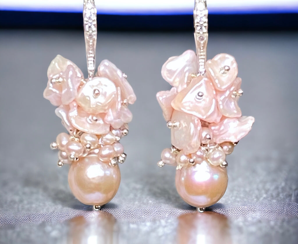 Pink Pearl Cluster Earrings, Blush Pink Keishi Pearls