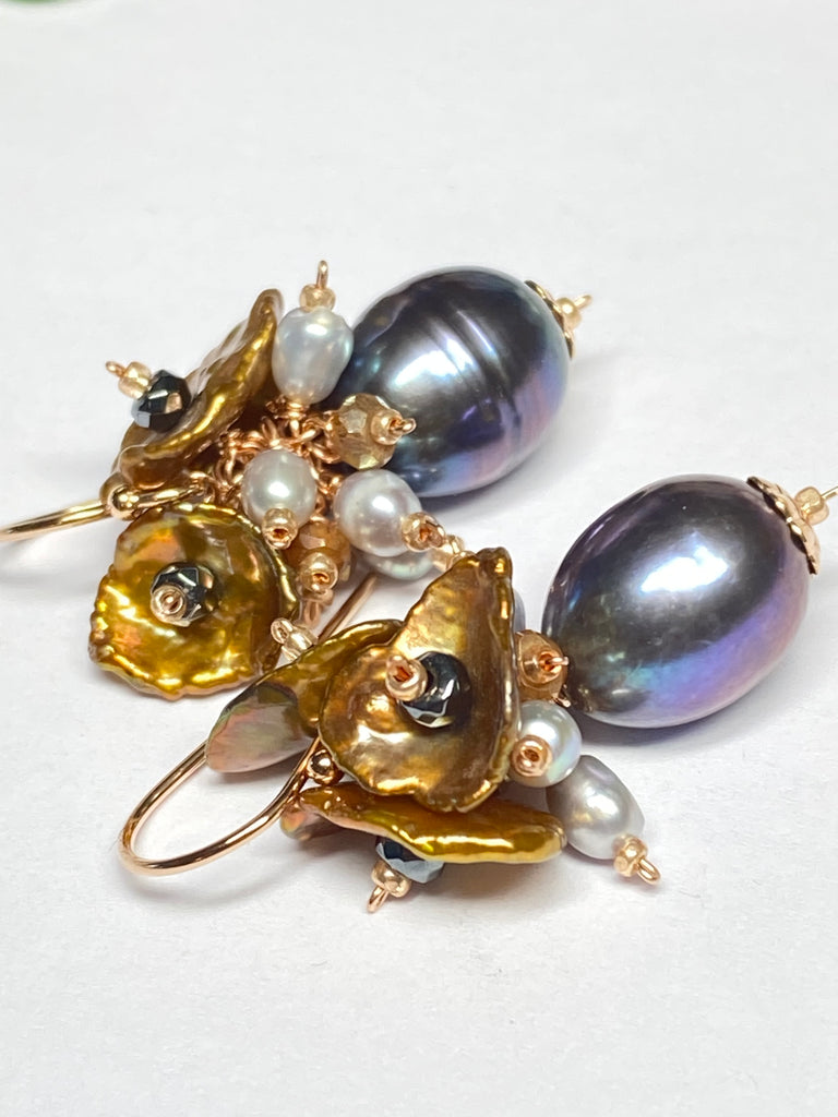 Peacock Pearl, Keishi Pearl Cluster Dangle Earrings Rose Gold Fill
