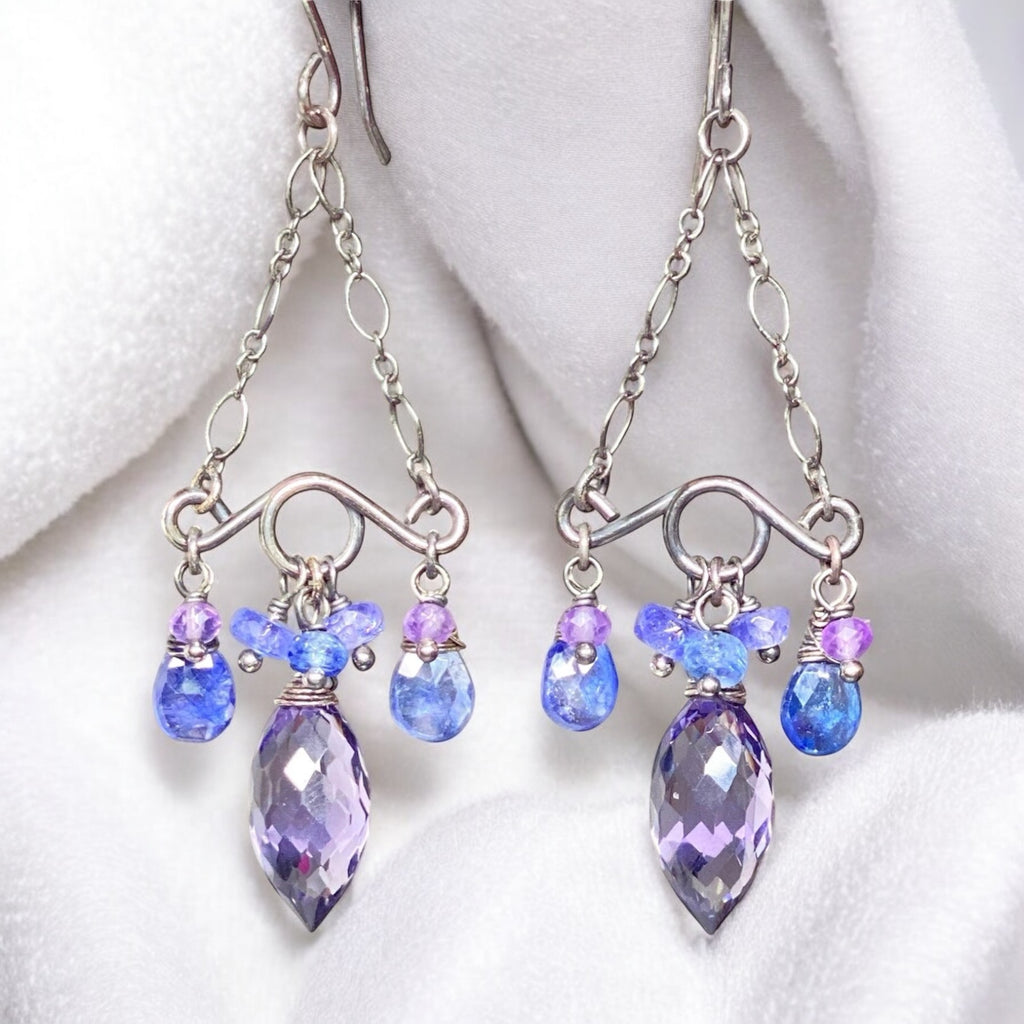 Blue Purple Gemstone Handmade Chandelier Earrings Oxidized Silver Tanzanite