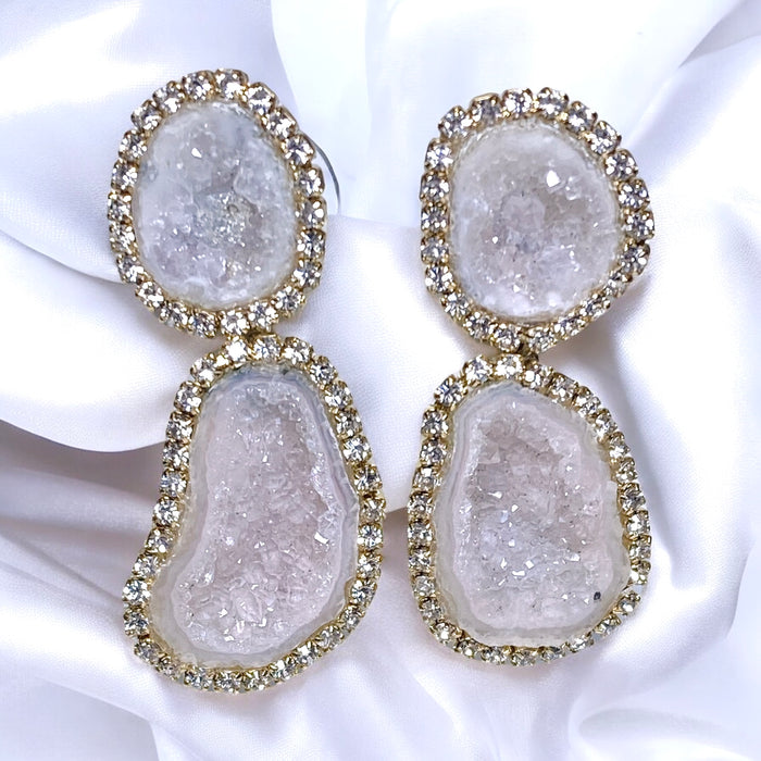 Blush Ivory Double Geode Earrings Diamond Bezel Style Tabasco Geodes