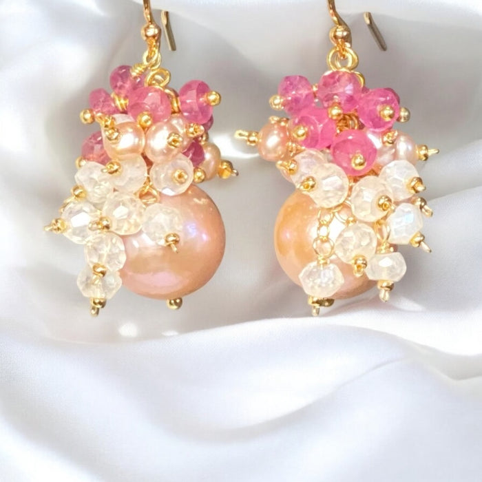 Blush Pearl Pink Sapphire Mystic Quartz Cluster Earrings