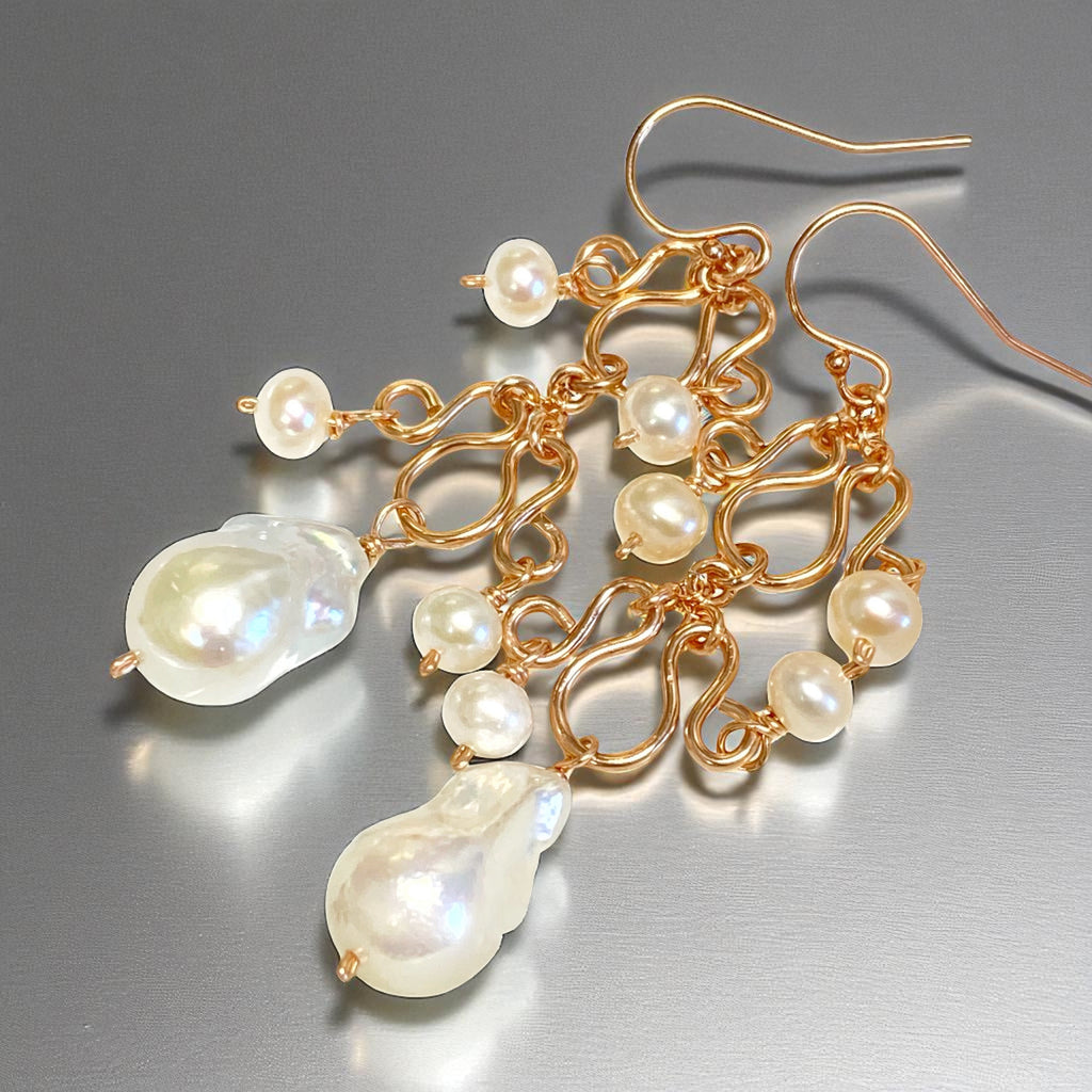 Baroque Pearl Rose Gold Chandelier Earrings