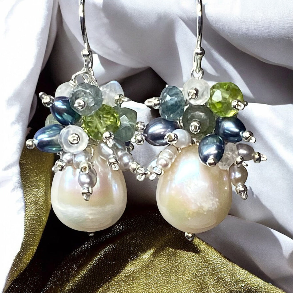 Moss Aquamarine and Pearl Cluster Earrings, Sterling Silver