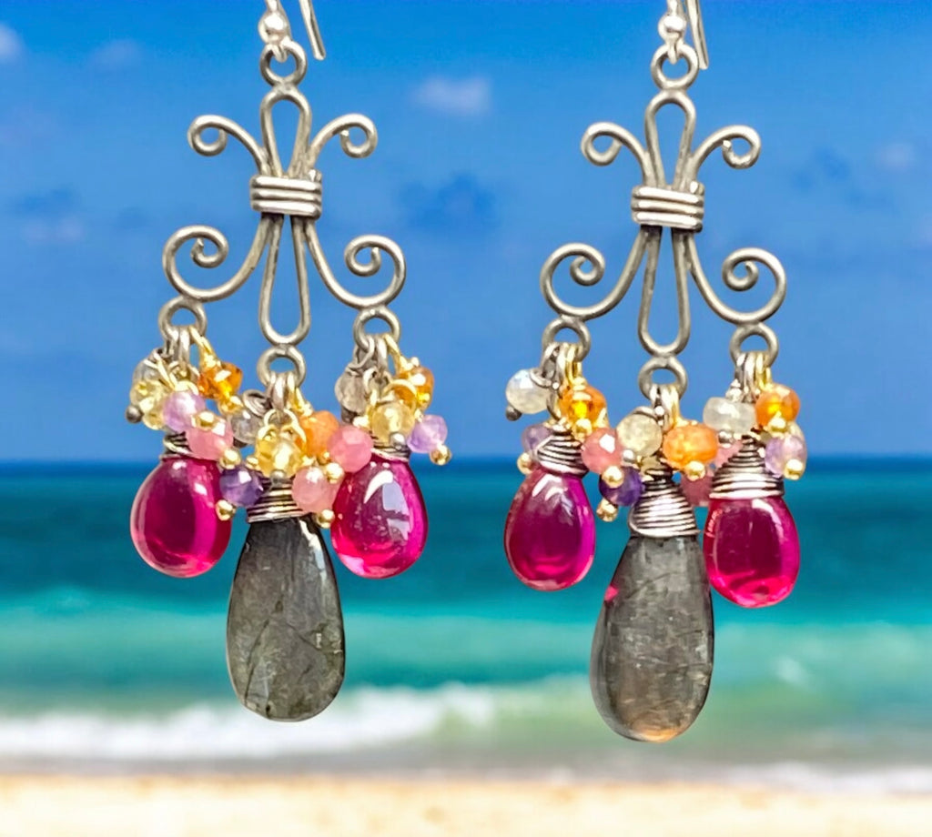 Purple Labradorite and Rubellite Chandelier Earrings in Mixed Metals