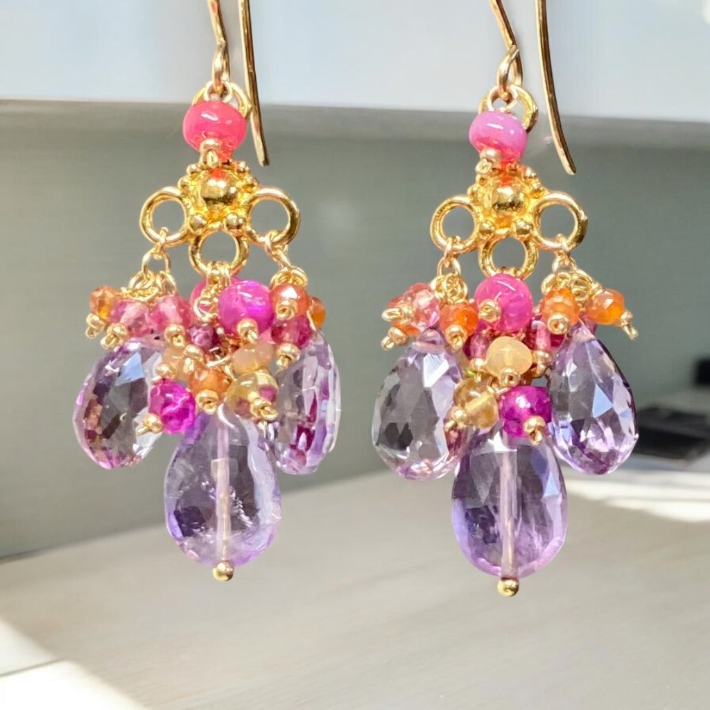 Statement Multi Gemstone Chandelier Earrings, Gold