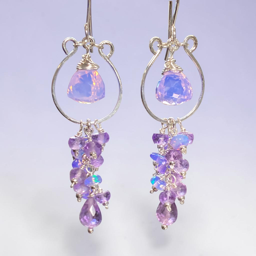 Close-up of lavender opal rondelles and pink amethyst teardrop briolettes on sterling silver chandelier earrings