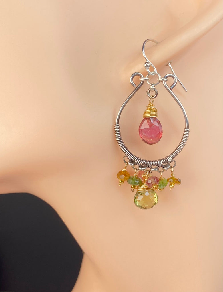 Pink and Green Tourmaline Mixed Metal Hoop Chandelier Earrings - Doolittle
