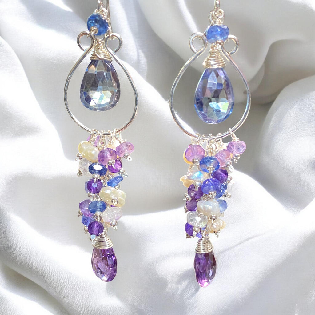 Blue Purple Gemstone Chandelier Hoop Earrings Sterling Silver — Tanzanite Amethyst Kyanite Moonstone - Doolittle