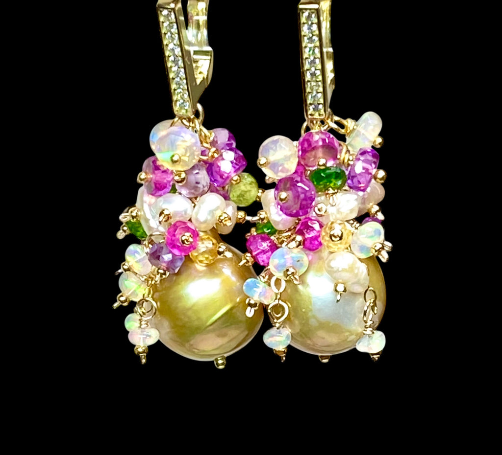 Pond-slime Baroque Pearl and Gemstone Cluster Earrings with Violet Sapphire
