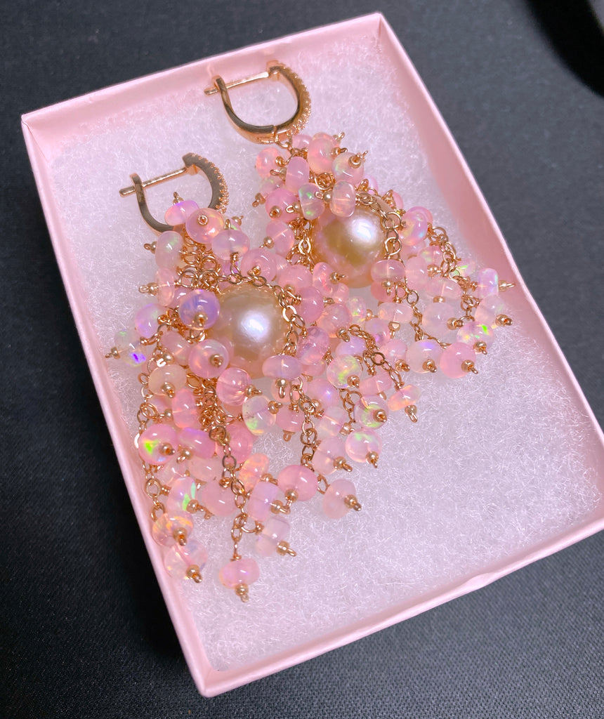 Pink Pearl, Pink Opal Statement Cluster Dangle Earrings, Rose Gold