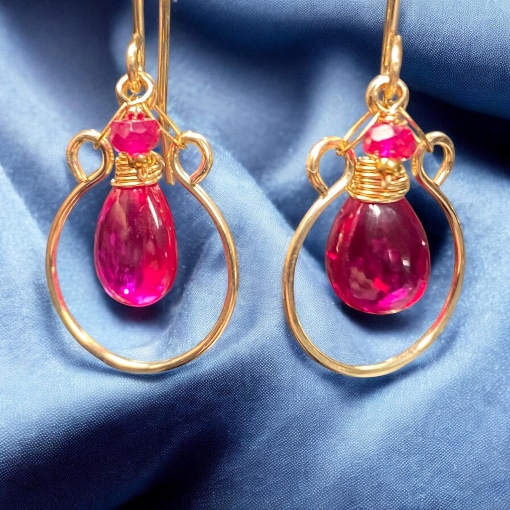 Rubellite Quartz and Ruby Gemstone Hoop Earrings Gold Fill - Doolittle