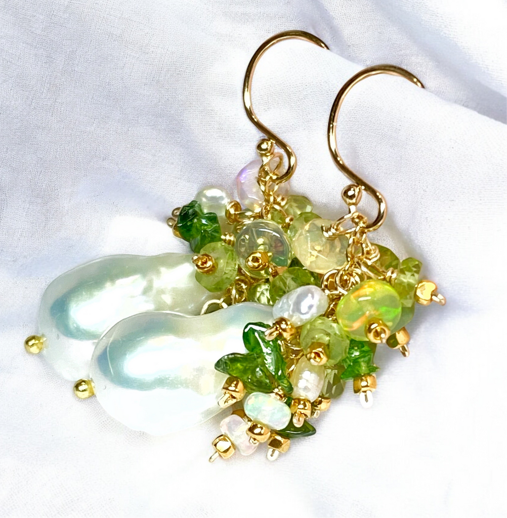 Peridot, Opal, Pearl Cluster Earrings Gold Fill 2