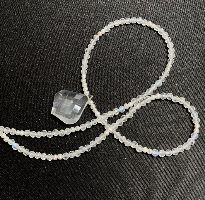 Dainty Rainbow Moonstone Pearl, Ice Quartz Pendant Bridal Necklace