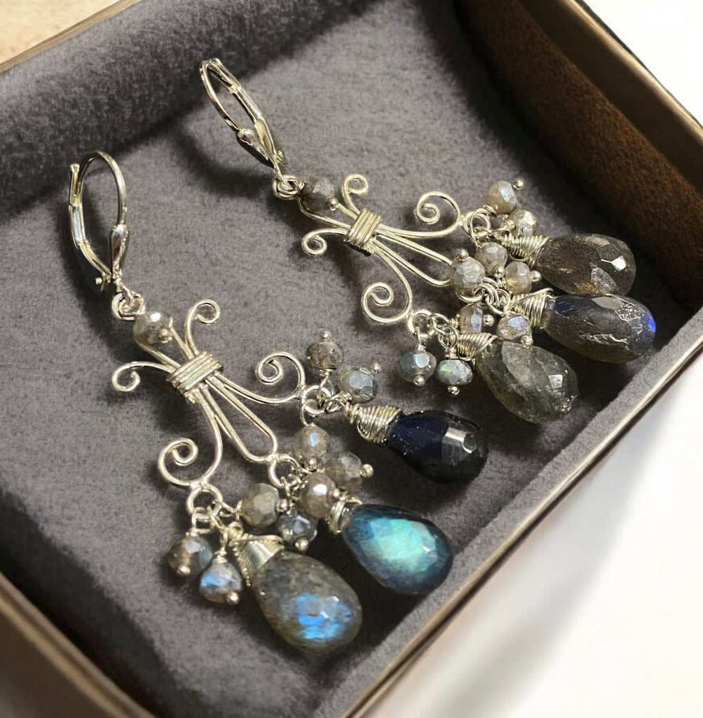 Labradorite Chandelier Earrings Sterling Silver Wire Wrap Teardrops