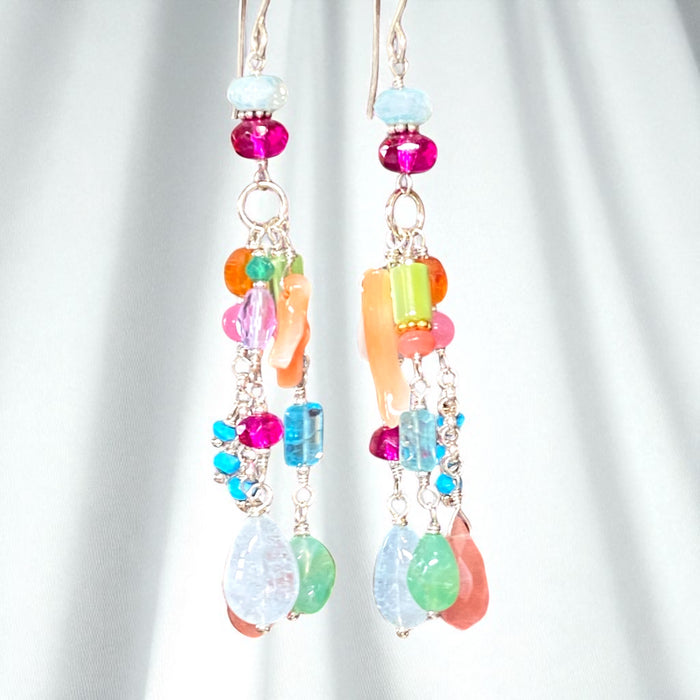 Multicolor Gemstone Dangle Earrings Sterling Silver - Aquamarine, Chrysoprase