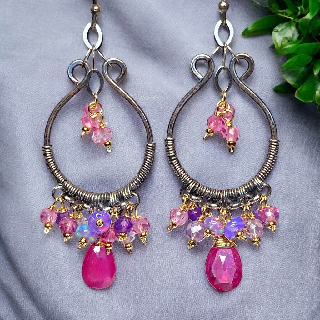 Oxidized Silver Hoop Chandelier Earrings, Pink Sapphire, Mixed Metals 2