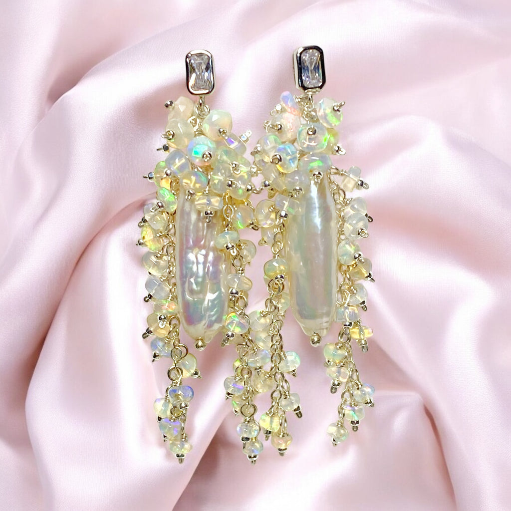 Pearl, Ethiopian Opal Statement Earrings, Bridal Earrings, Sterling Silver