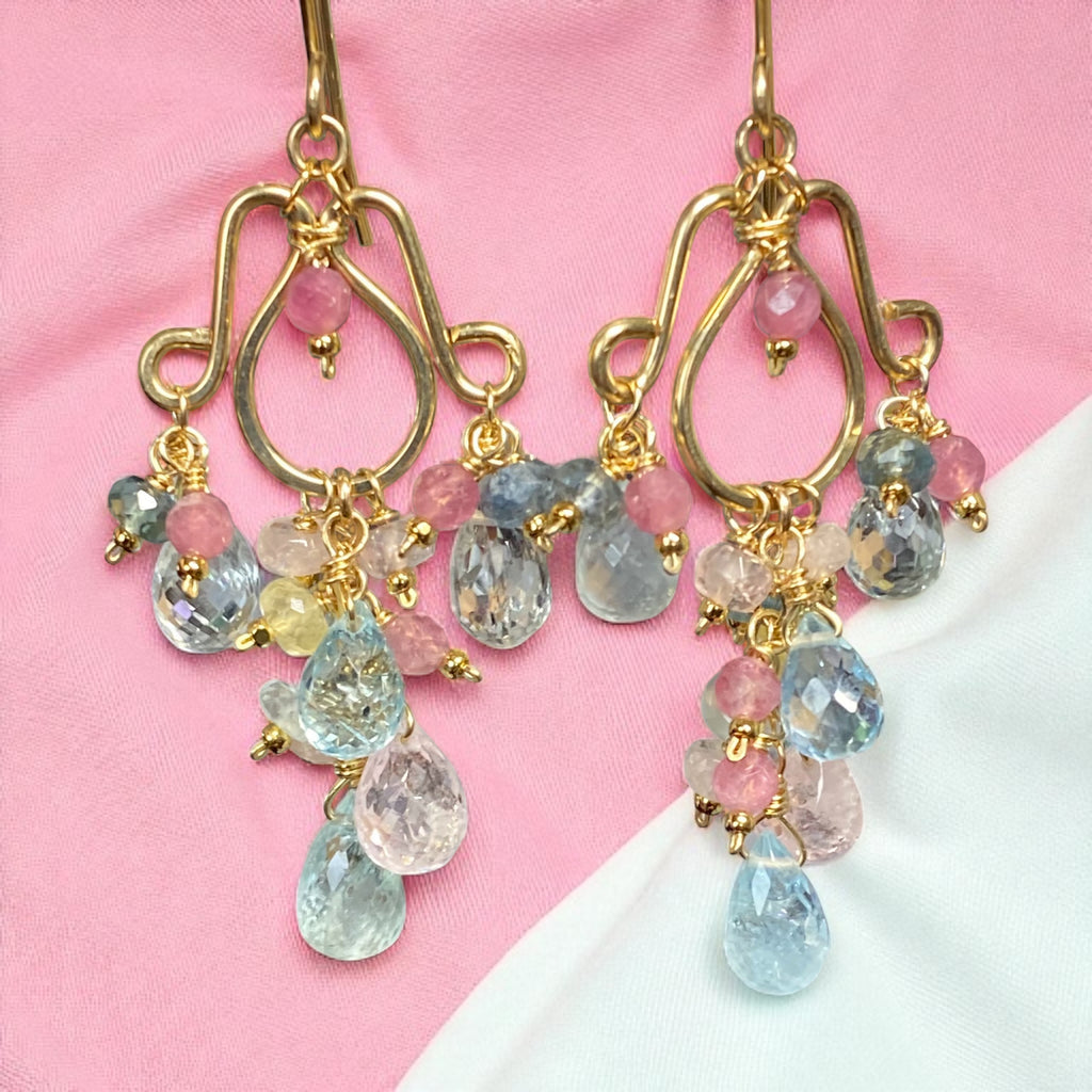 Gemstone Dangle Chandelier Earrings with Aquamarine in Gold Fill