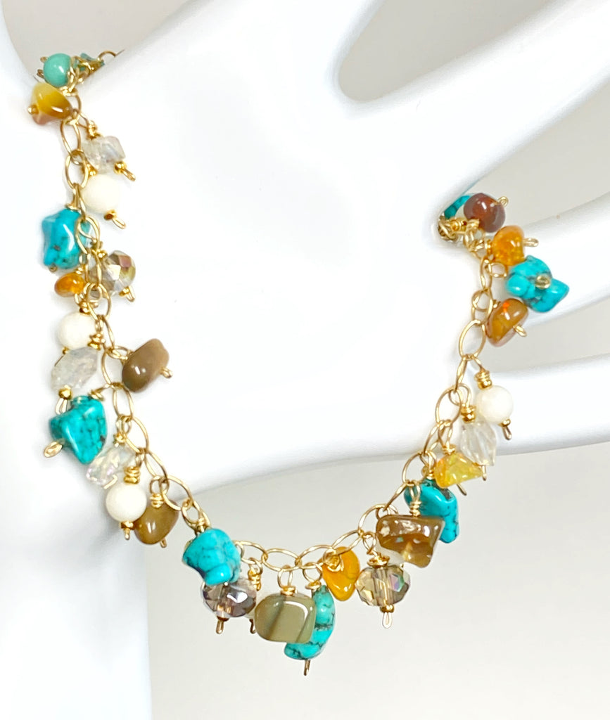 Dainty, Colorful Gemstone and Turquoise Handmade Gold Bracelet