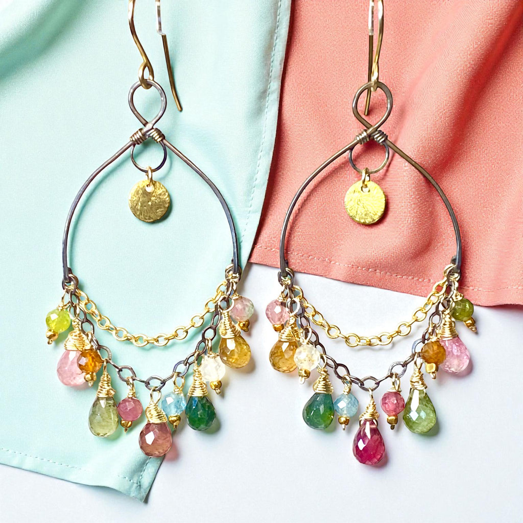 Tourmaline Gemstone Chandelier Earrings in Mixed Metals