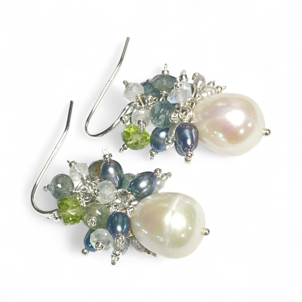 Moss Aquamarine and Pearl Cluster Earrings, Sterling Silver