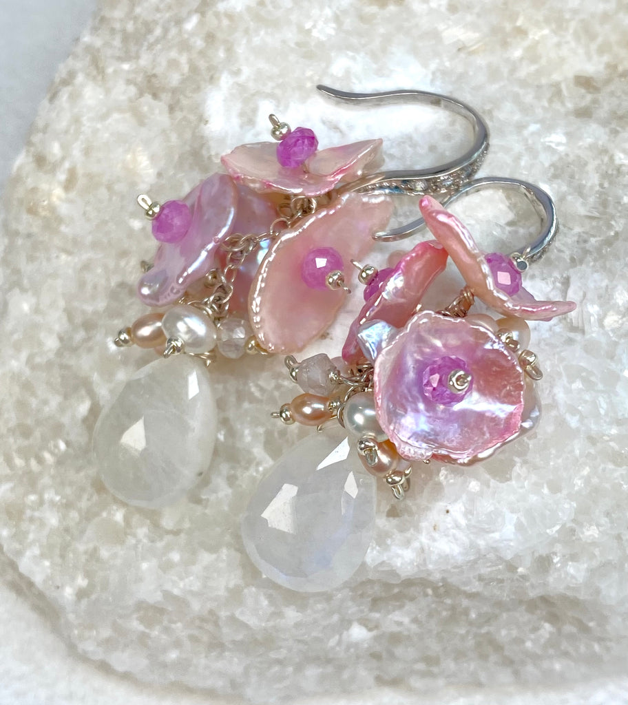 Moonstone, Pink Keishi Pearl, Pink Sapphire Cluster Earrings