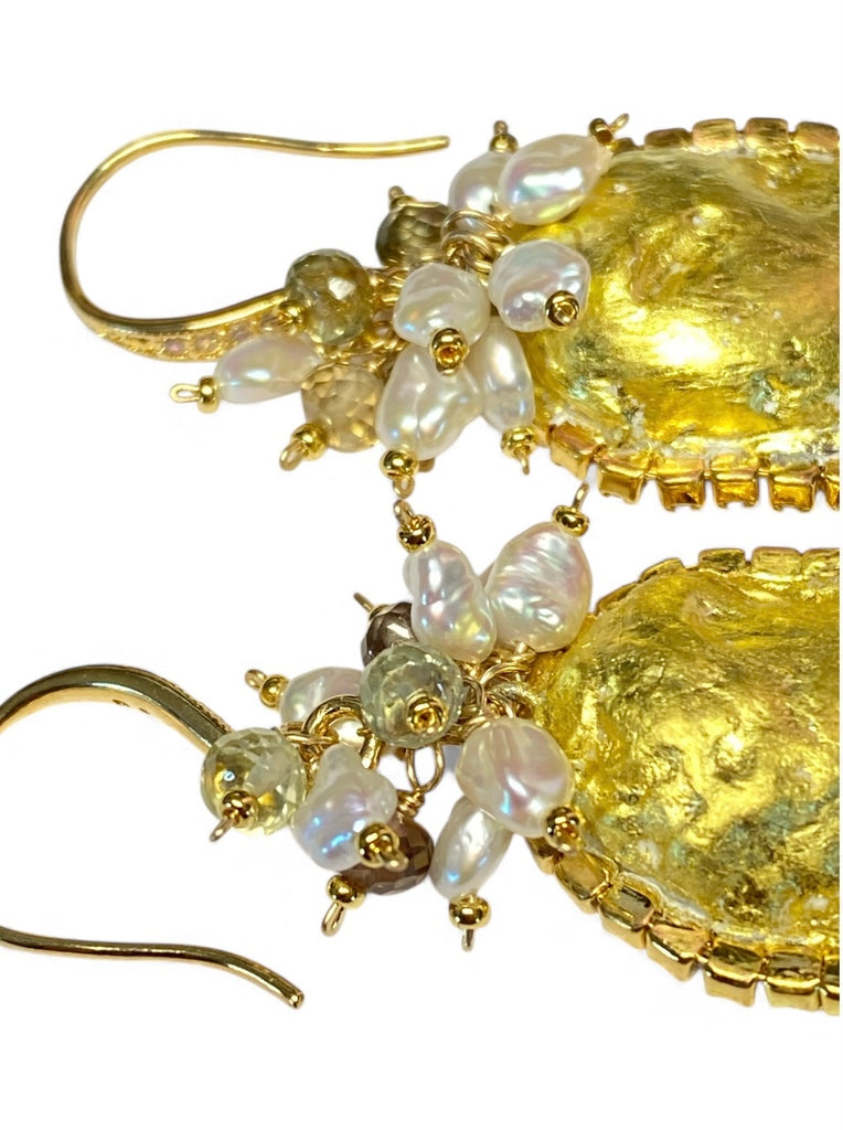Ivory Tabasco Geode Earrings with Keishi Pearl and Natural Zircon Gem Clusters