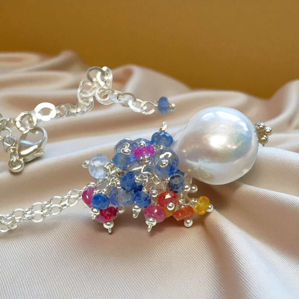 Sapphire and Opal Cascade Cluster Pearl Pendant, Sterling Silver