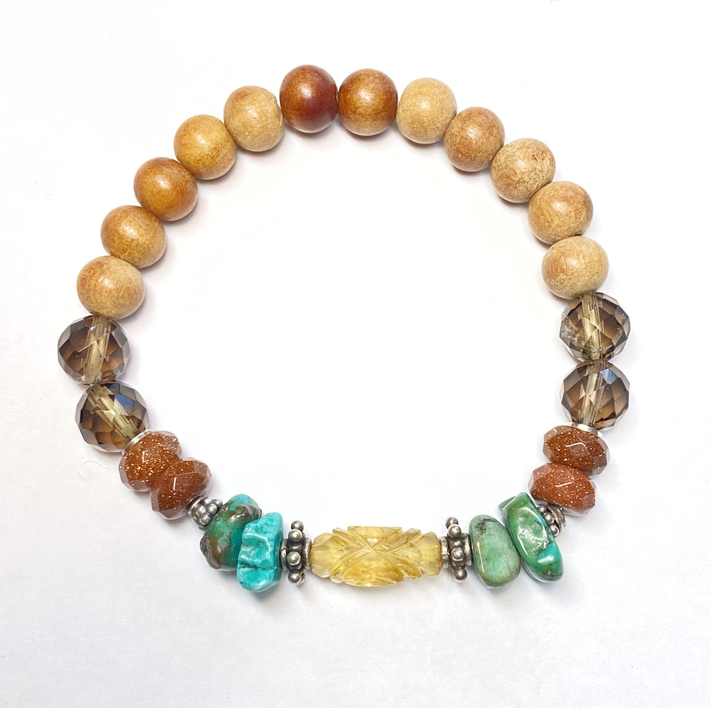 Colorful Beaded Stretch Bracelets Stack Set of 3 Sandalwood, Turquoise, Citrine