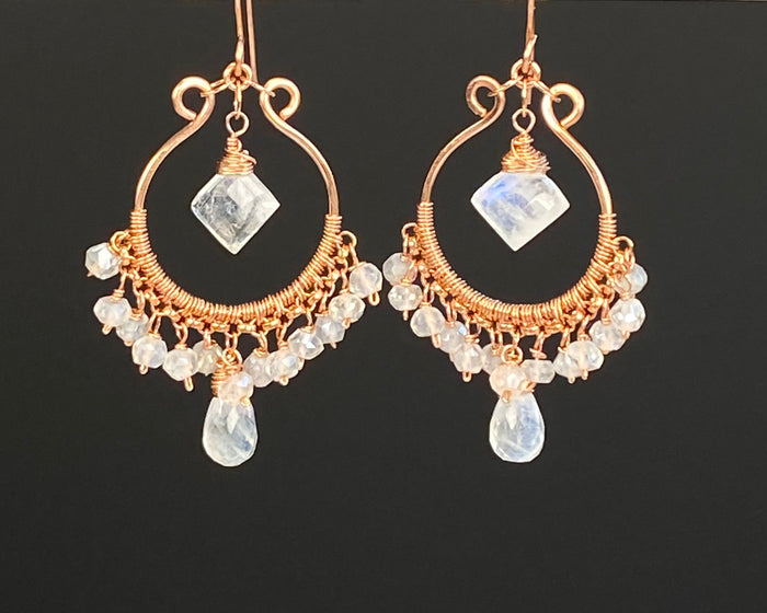 Diamond-Shaped Rainbow Moonstone Rose Gold Hoop Chandelier Earrings - Doolittle