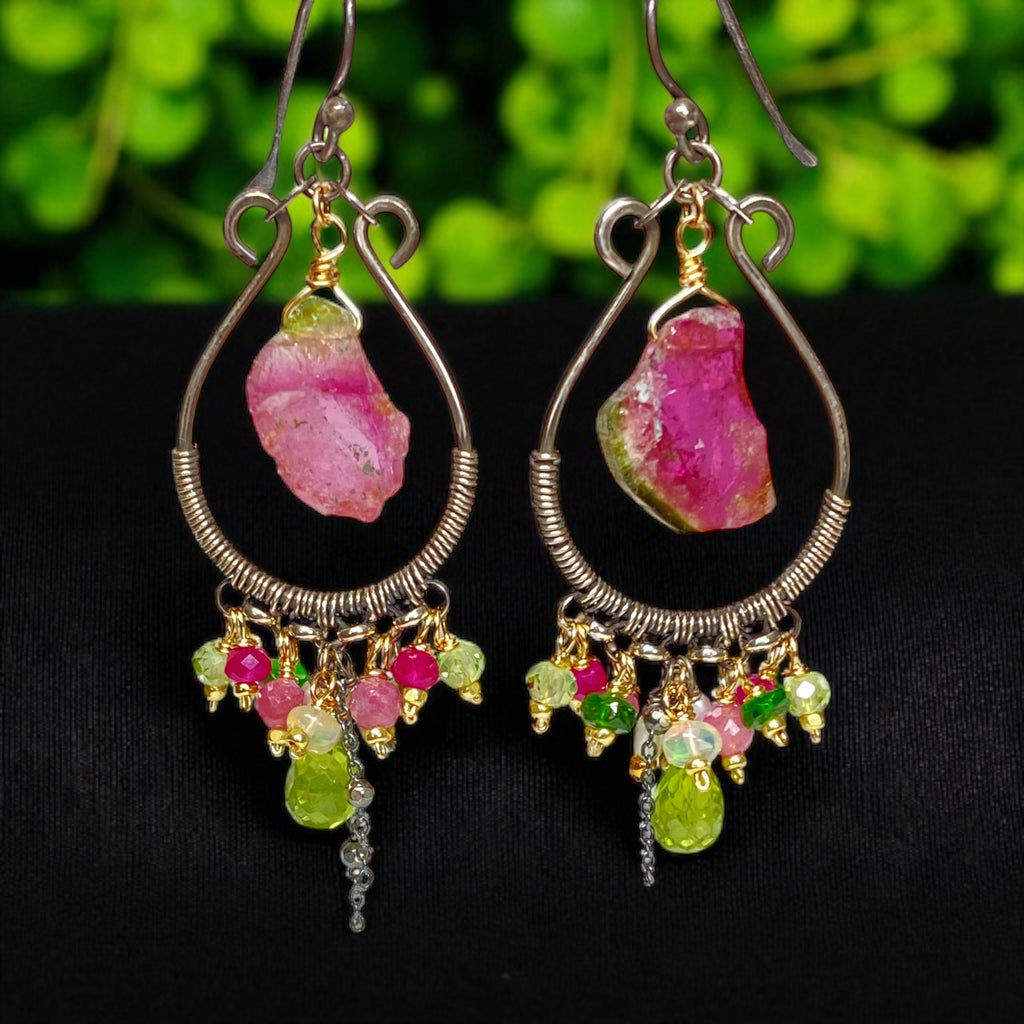 Pink Sapphire, Peridot, Watermelon Tourmaline Hoop Chandelier Earrings