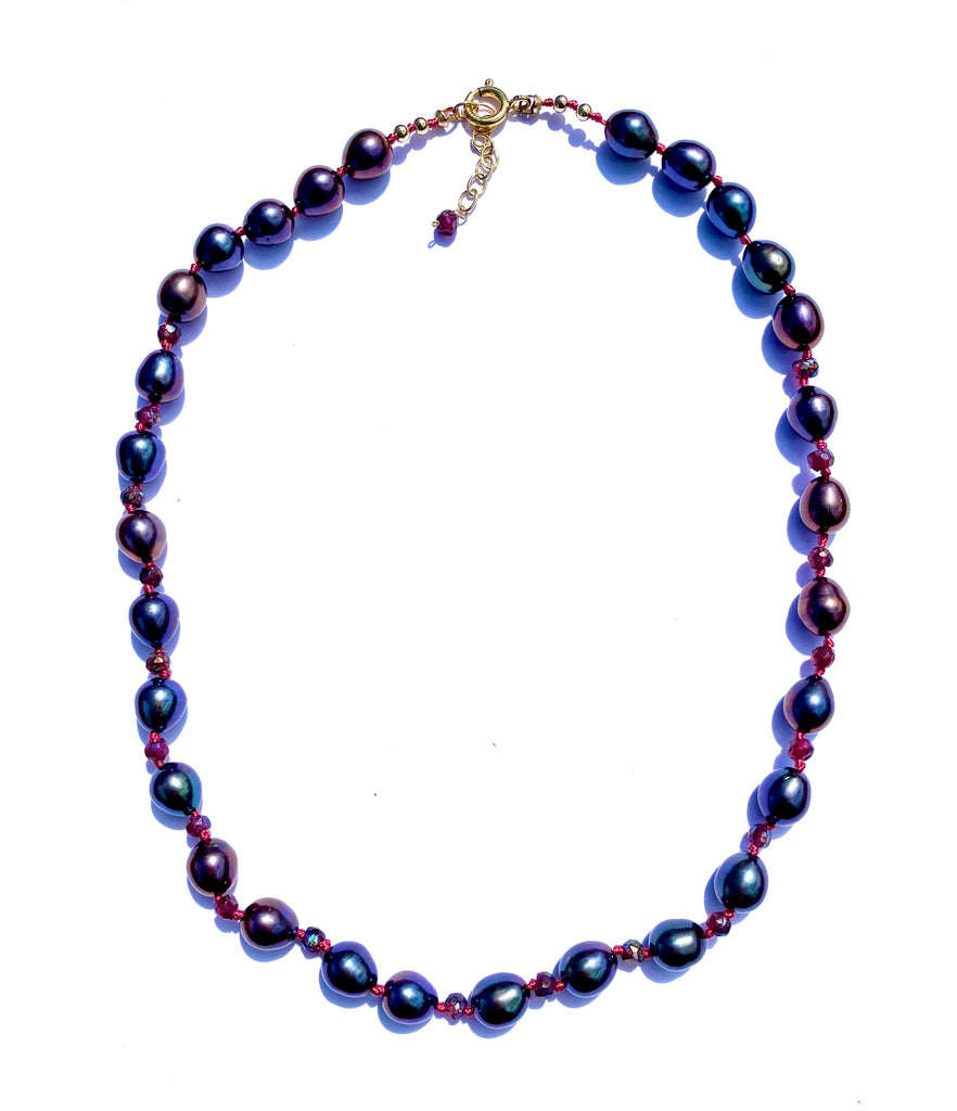 Peacock Pearl and Mystic Garnet Silk Knotted Necklace, Gold Fill
