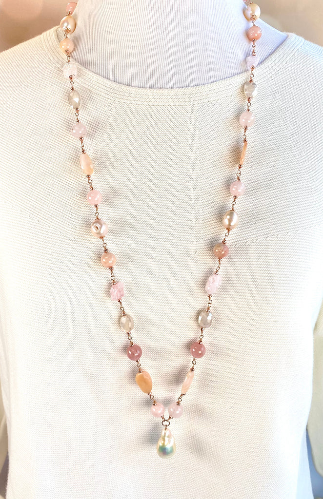 Pink Blush Pearl and Gemstone Long Pendant Necklace Rose Gold Fill Wire Wrap