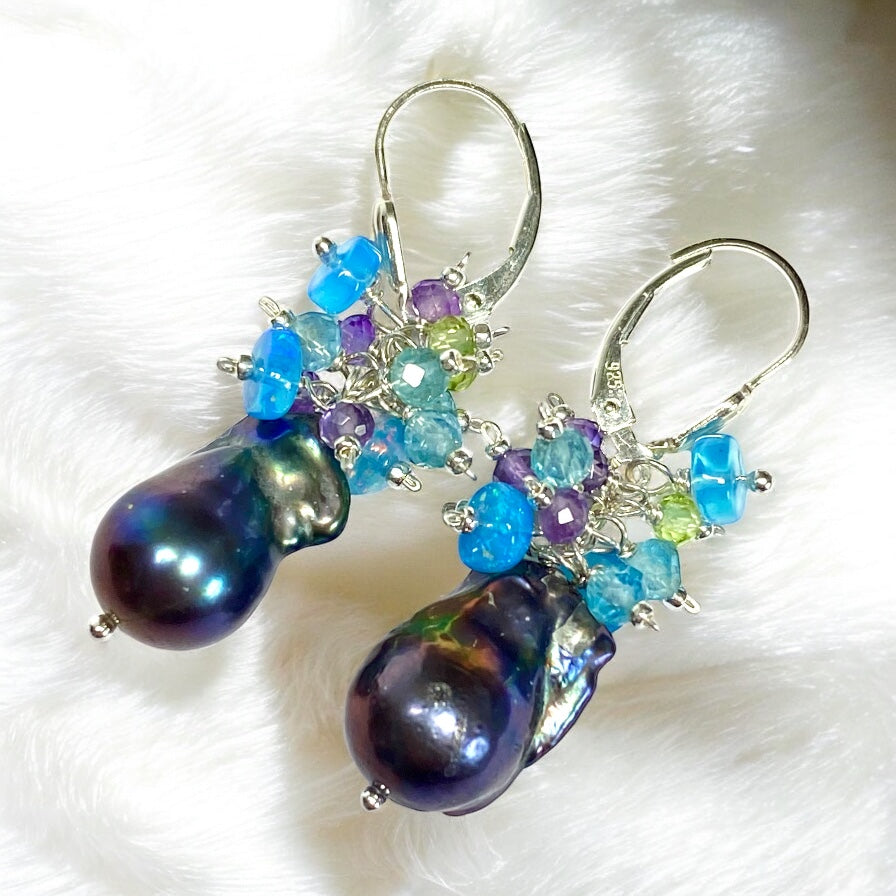 Baroque Peacock Pearl Cluster Earrings, Peridot, Amethyst, Opal, Sterling Silver