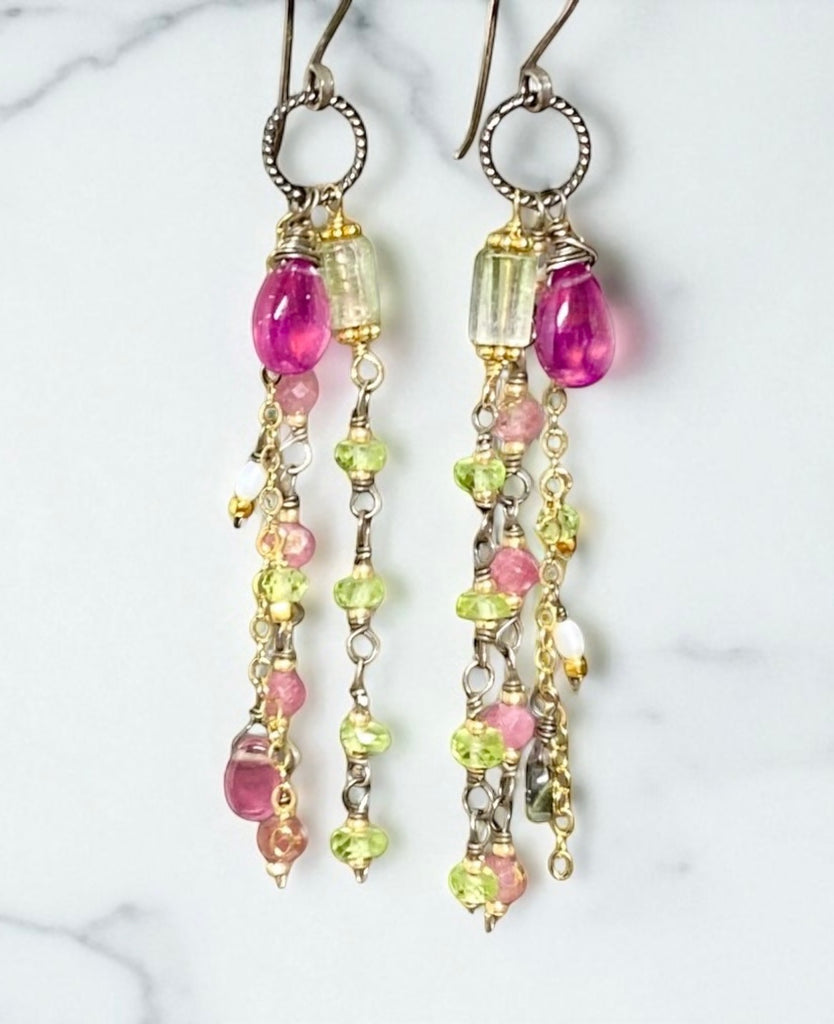 Pink Sapphire, Peridot and Tourmaline Gemstone Long Dangle Earrings