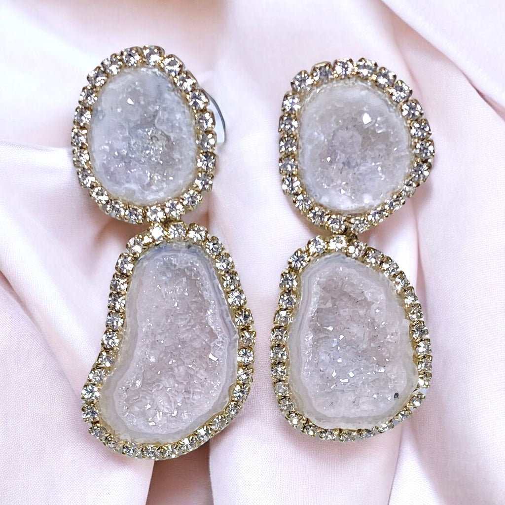 Blush Ivory Double Geode Earrings Diamond Bezel Style Tabasco Geodes